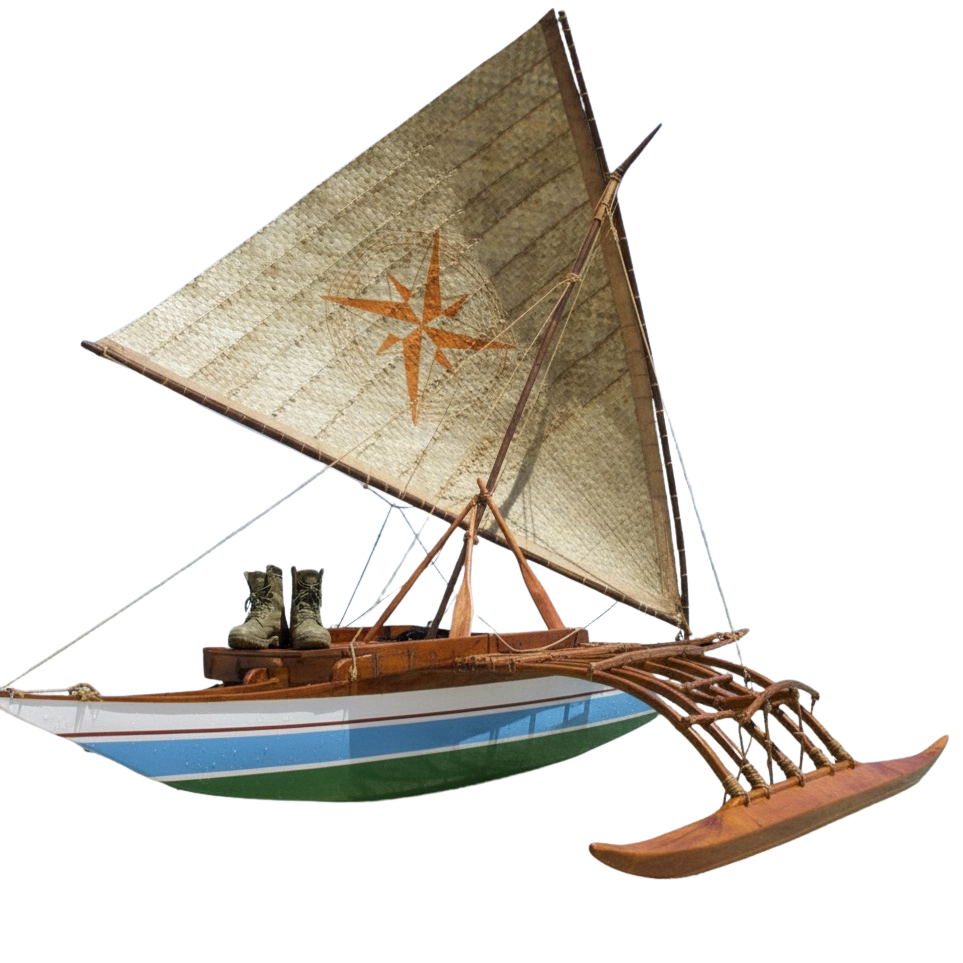 A small sailboat with a folk-inspired sail, wooden frame, and fuzzy boots placed on the deck.