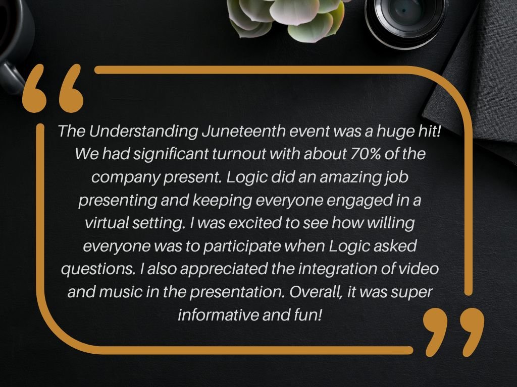 A quote about a successful virtual event with high turnout, noting the engaging presentation, participation, and multimedia integration, set against a dark background with a decorative border.