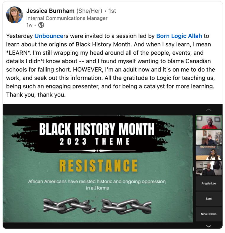 Zoom screen showing a virtual meeting focused on Black History Month with a presentation slide titled "Black History Month 2023 Theme Resistance." The slide features a chain graphic and the subtitle "African Americans have resisted historic and ongoing oppression in all forms." Participants' video feeds are visible on the right.
