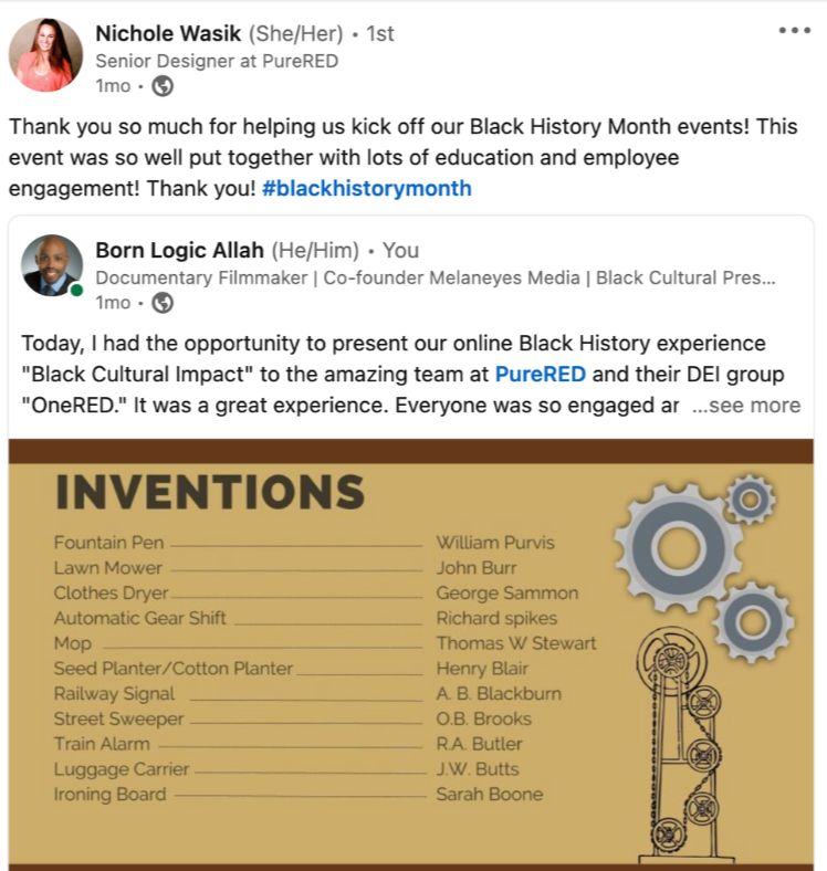 Details from a Facebook post celebrating Black History Month, showing a list of inventors and their inventions on a gold and brown background, including gear illustrations.