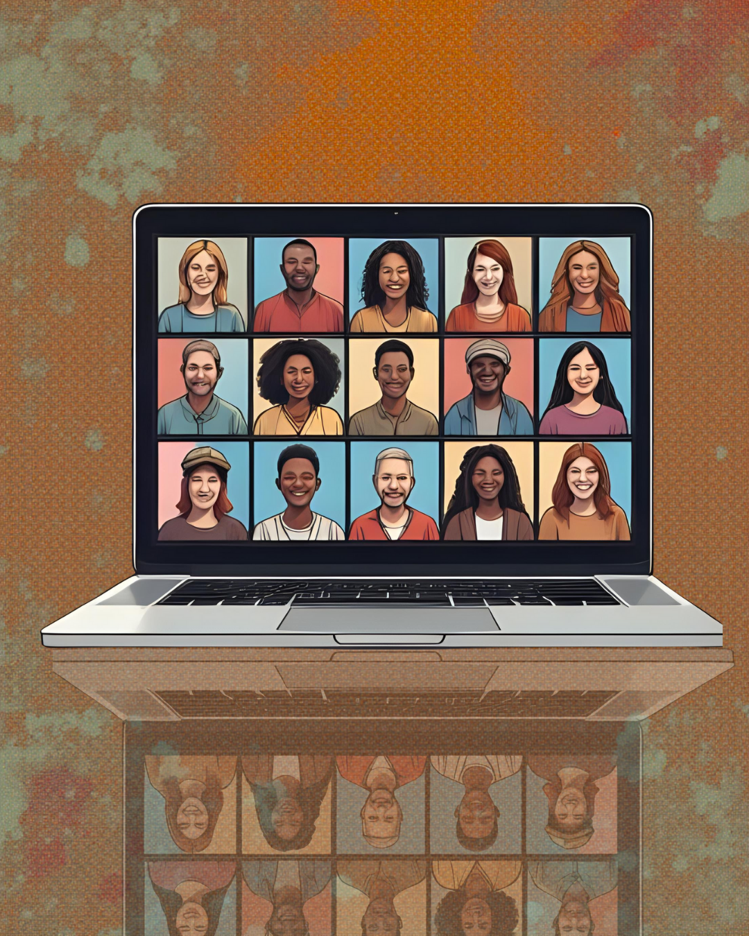 A laptop displaying a virtual group video call with 15 diverse smiling people on the screen, reflected on a polished surface.