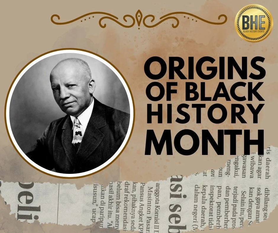 A poster with a black and white photograph of a serious-looking man, surrounded by a gold border. The poster features the title 'Origins of Black History Month' in bold black letters, a decorative flourish at the top, and a logo for Black History Events in the top right corner.