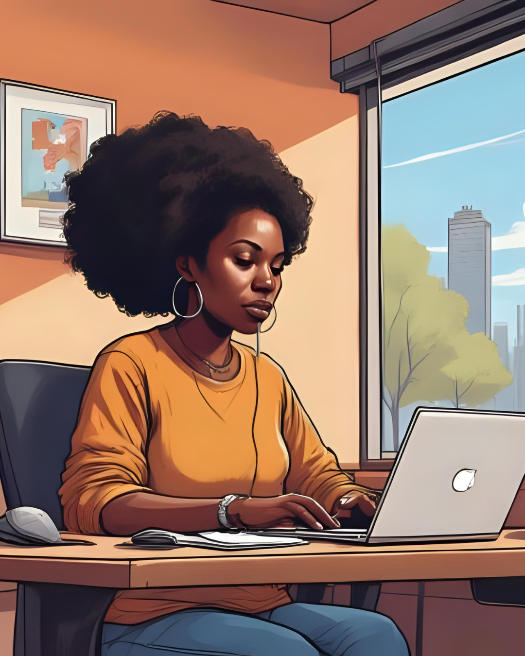 A woman with voluminous black hair sitting at a desk, working on a silver laptop, wearing a mustard yellow top, large hoop earrings, and listening to earbuds, in a room with a window showing a cityscape and trees outside.