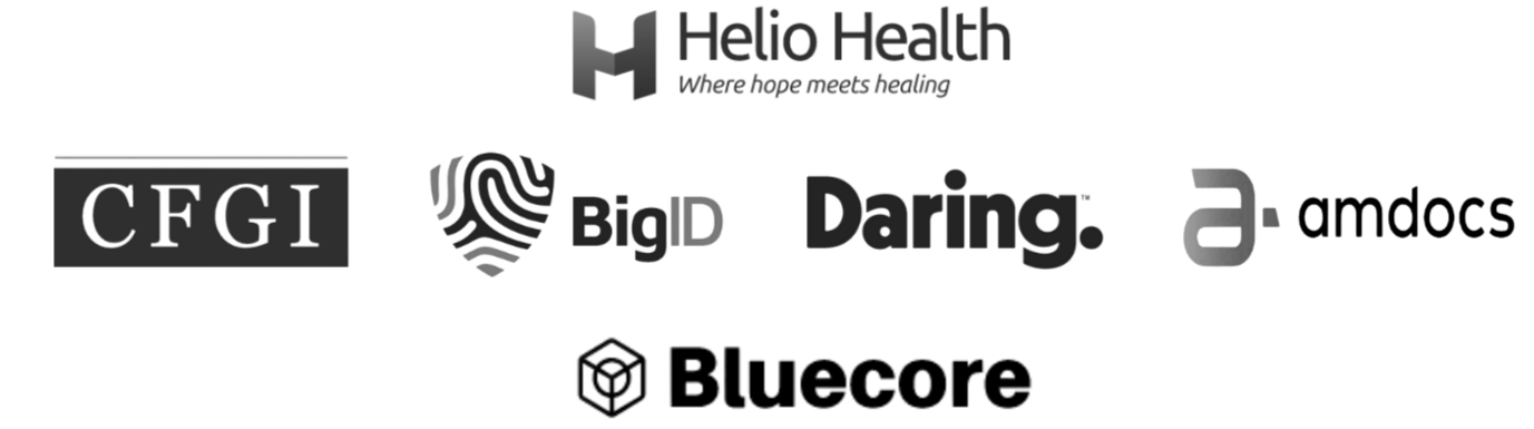 A promotional graphic featuring the Helio Health logo, a slogan about healthcare, and words like CFGI, BigID, and Daring, with a focus on healthcare innovation.