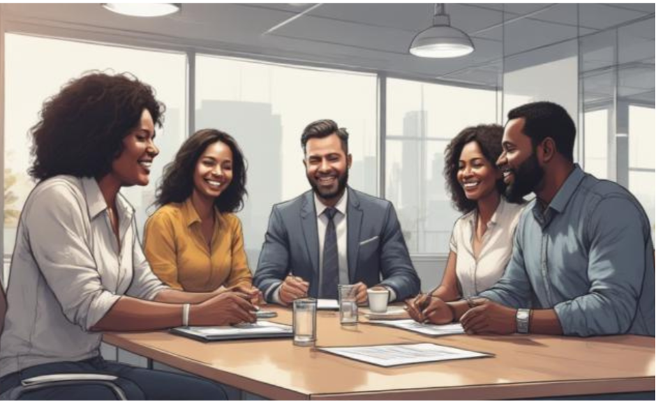 A diverse group of five professionals, three women and two men, sitting around a conference table in a modern office, smiling and engaged in a meeting.