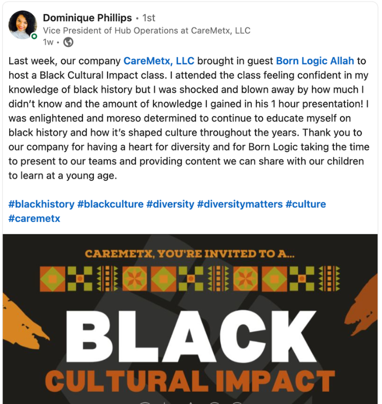 Social media post promoting a Black Cultural Impact class hosted by CareMetx LLC featuring guest Born Logic Allah, with hashtags related to Black history and culture. The image includes a tribal-inspired border with bold text that reads "Black Cultural Impact".