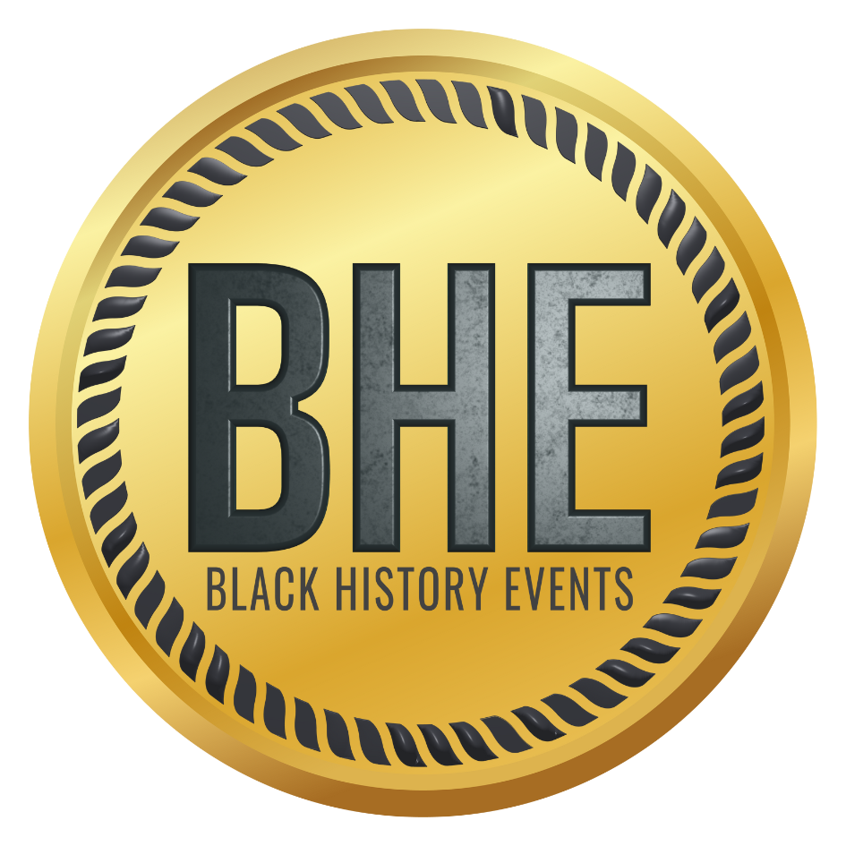 Gold circular emblem with black text reading "BHE" and smaller text below saying "Black History Events."