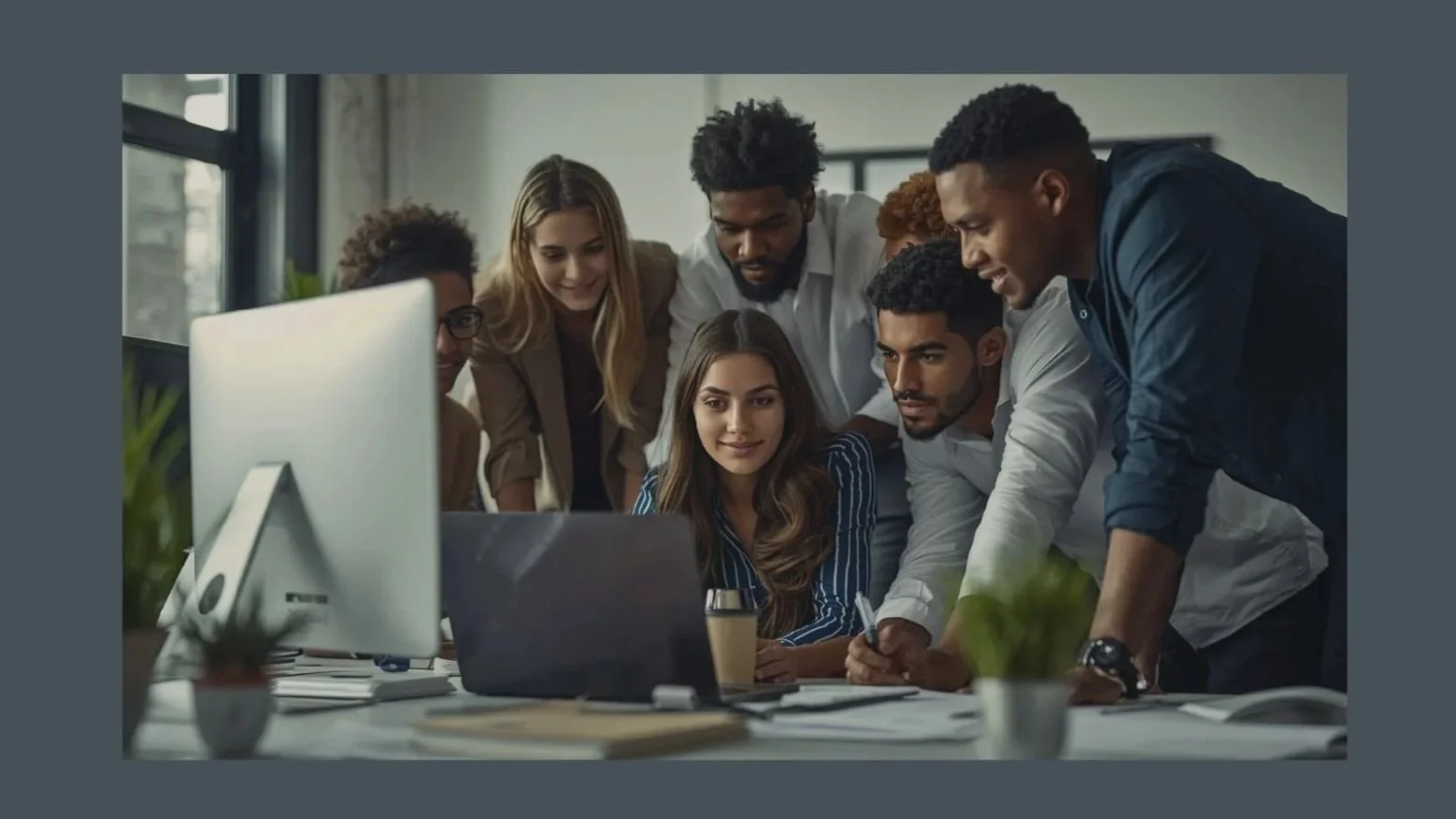 Group of eight diverse professionals gathered around a computer screen in a modern office, collaborating on a project.