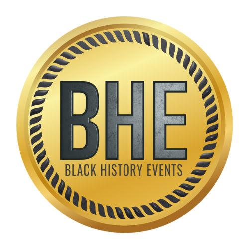 Gold circular badge featuring the text "BHE" and "Black History Events" in black, with a black rope border around the edge.
