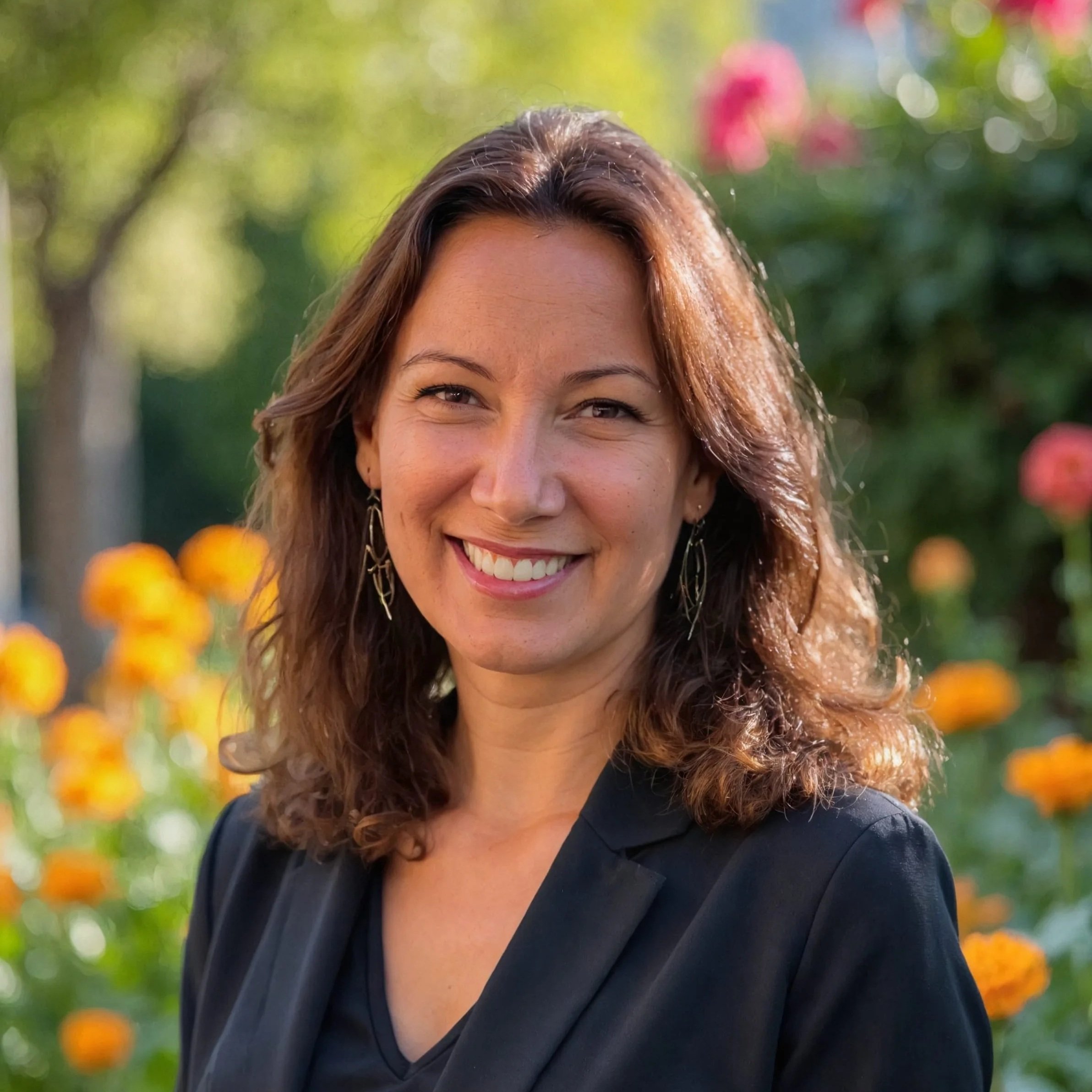 A woman with medium-length brown hair smiling outdoors with blurred colorful flowers and greenery in the background.