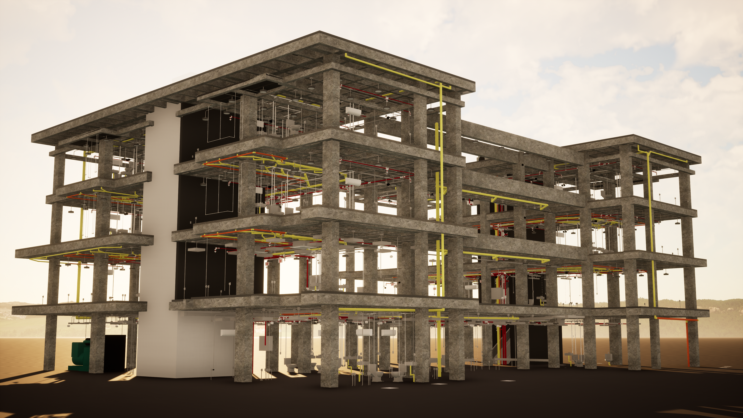 Modelo digital en metodología BIM de un edificio en construcción con estructura, redes electricas, hidrosanitarias, HVAC, RCI.