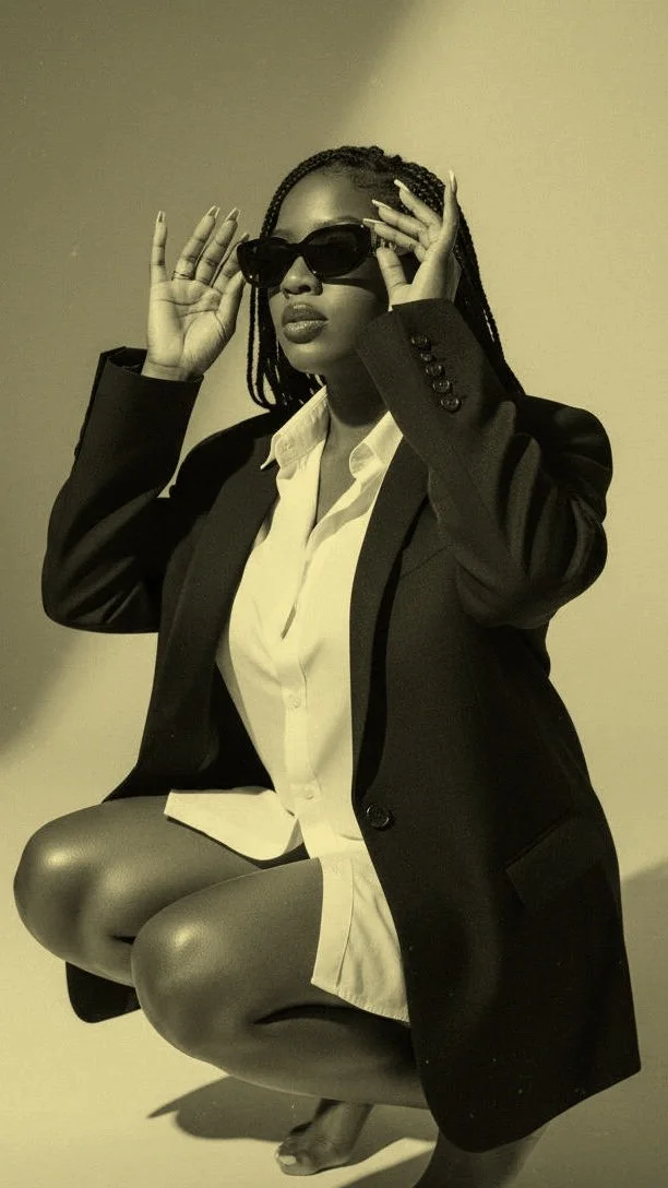 A woman with braids wearing sunglasses, a black blazer, and a white shirt, squatting down. She is adjusting her sunglasses with her right hand and has her left hand on her forehead. The image is in black and white.