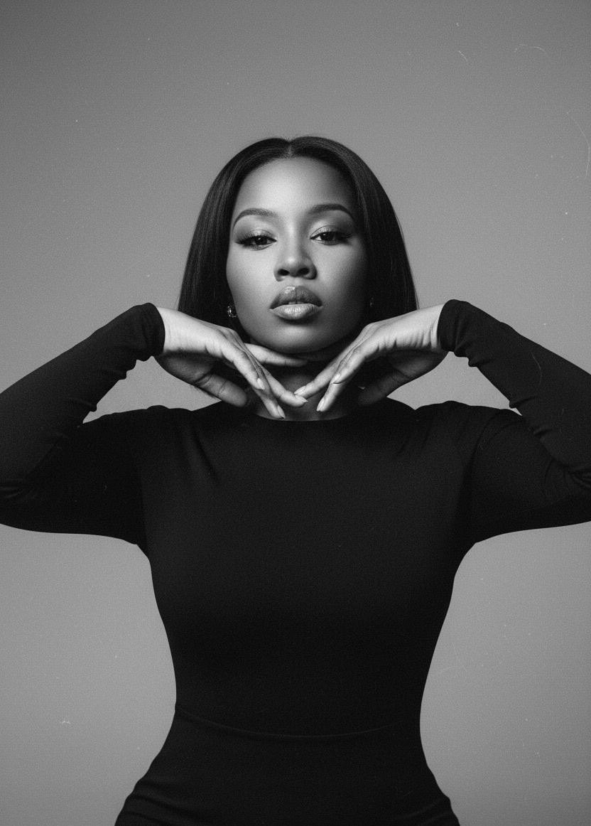 A black-and-white portrait of a woman with straight hair, wearing a long-sleeved black top, posing with both hands under her chin, looking directly at the camera with a serious expression.