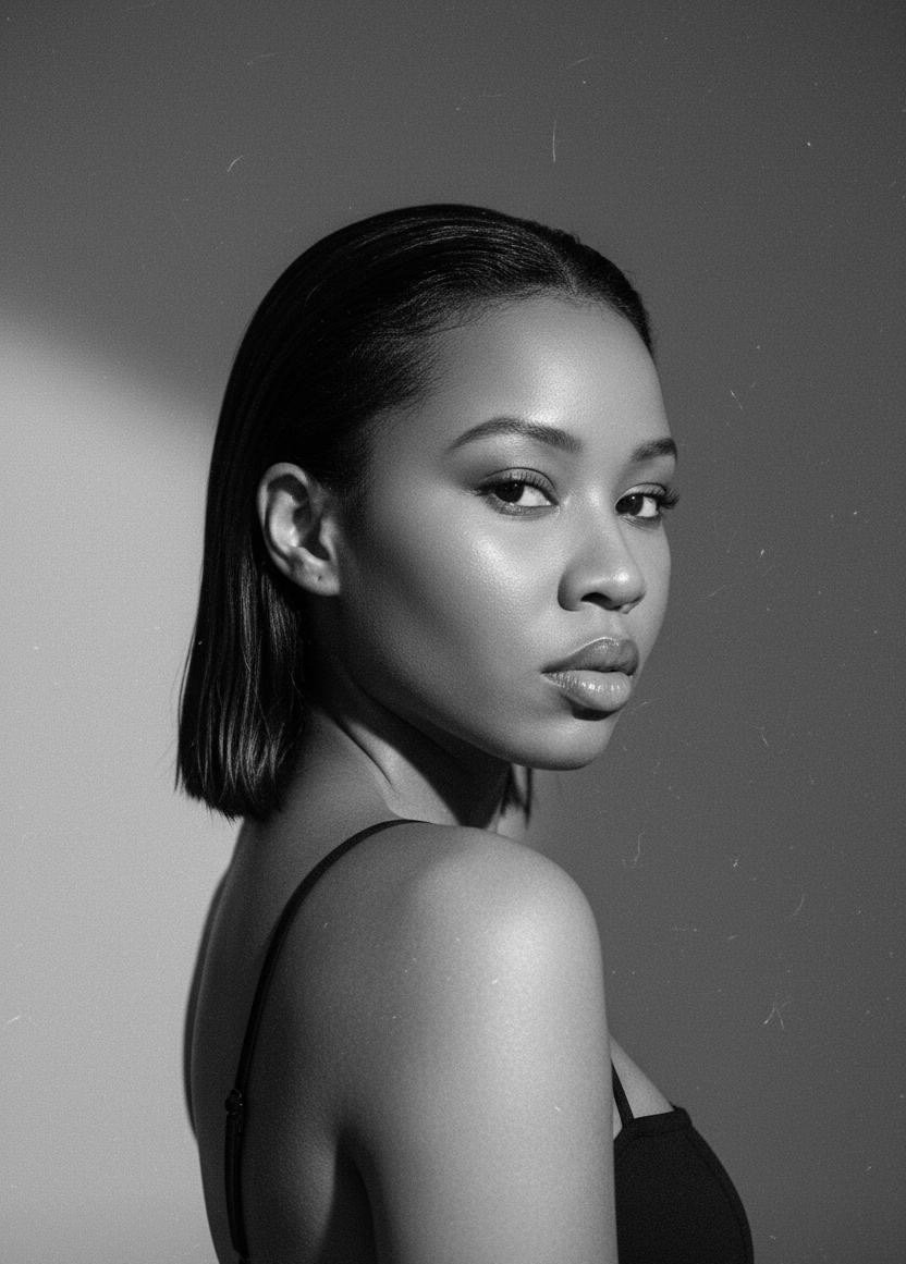 A black and white portrait of a woman with short, straight hair, wearing a black spaghetti strap top, looking over her shoulder at the camera.