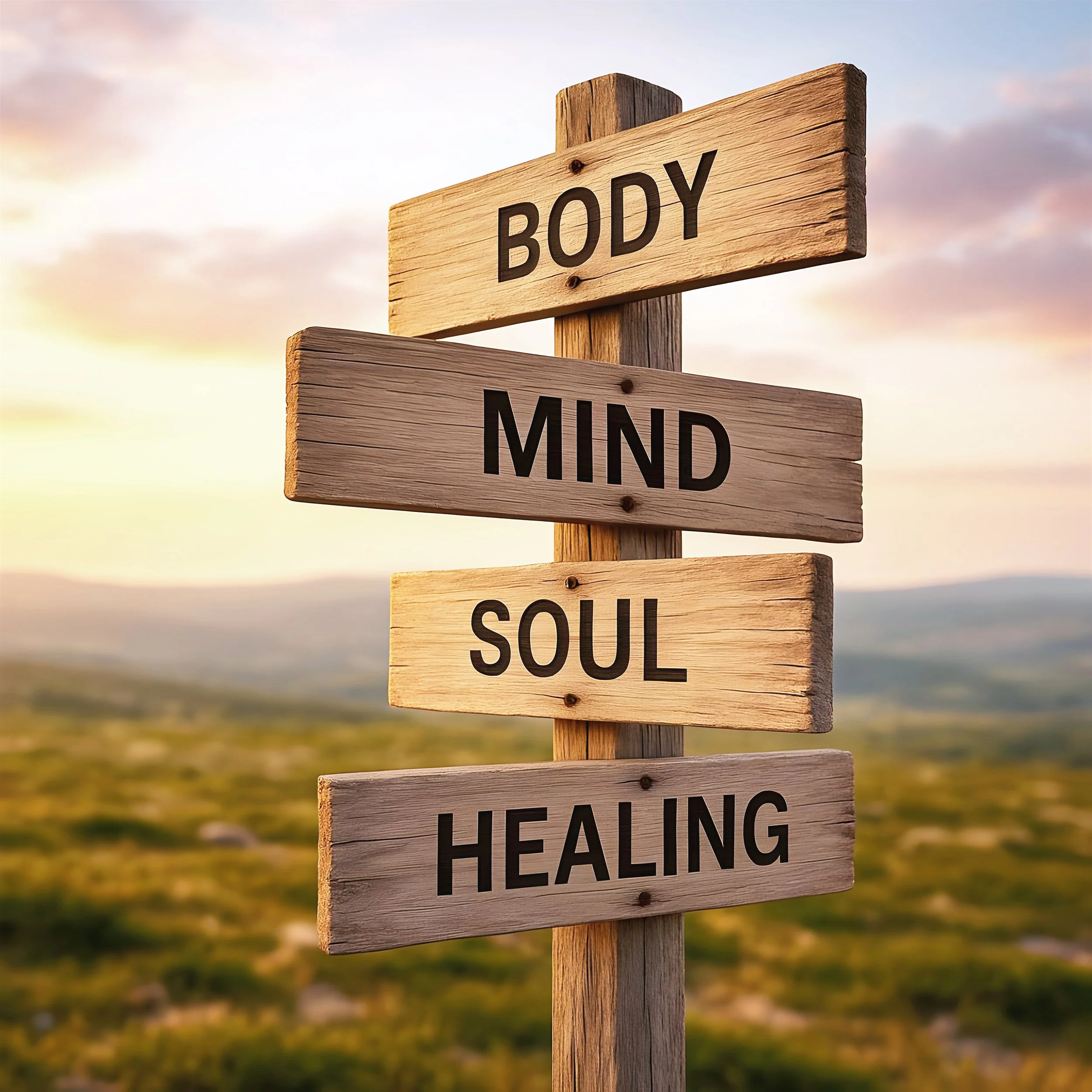 Wooden signpost with four signs reading 'BODY', 'MIND', 'SOUL', and 'HEALING' set against a landscape with hills and a sunset sky.