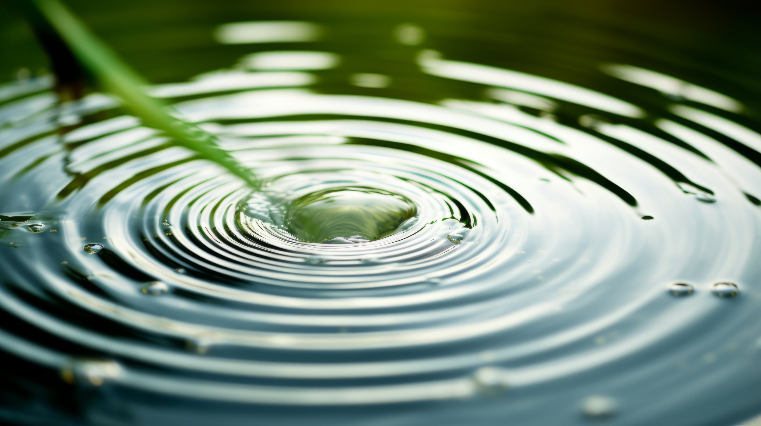 Close-up of a green leaf causing ripples in a puddle of water.