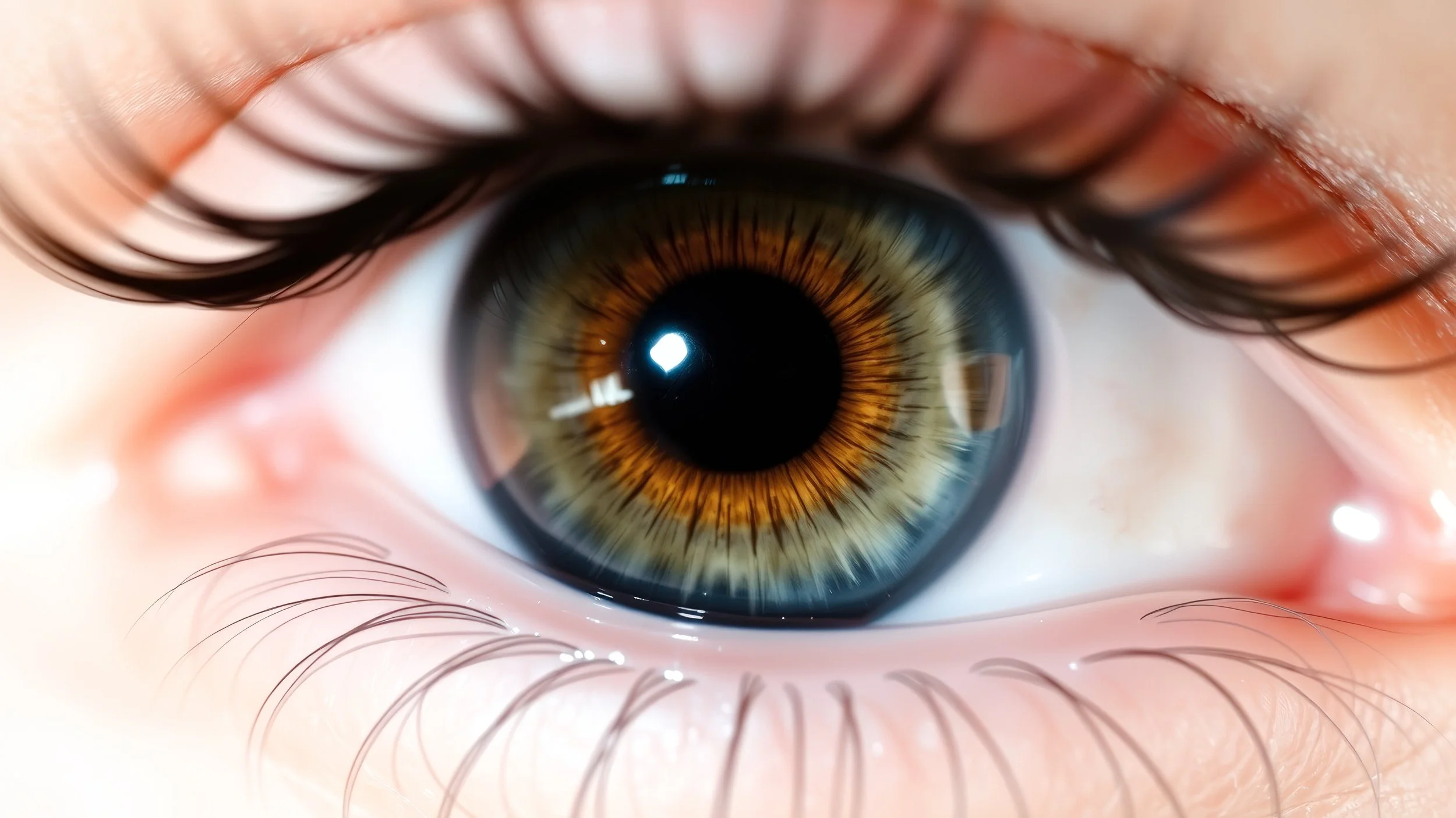 Close-up of a human eye with a detailed brown iris, long dark eyelashes, and visible skin around the eye.