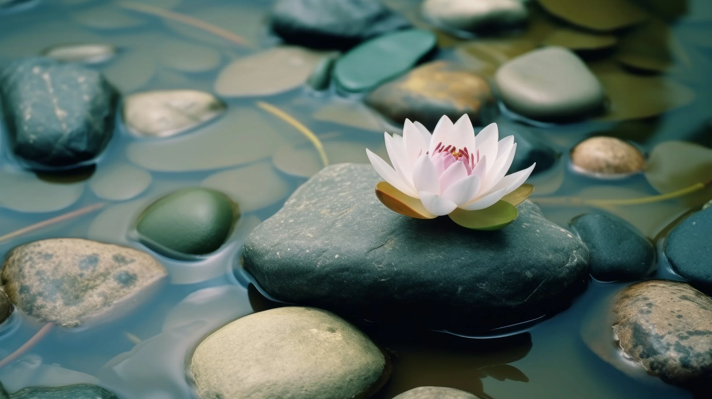 A pink and white water lily flower floating on a large rock in a pond with smooth stones and leaves.