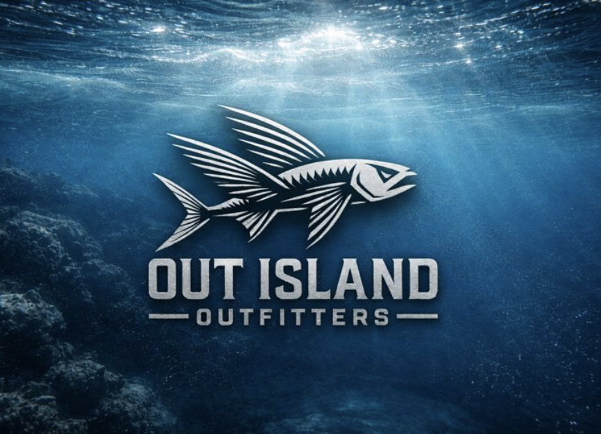Underwater scene with sunlight shining through the water, featuring a logo of a fish with wings and the text 'Out Island Outfitters.'