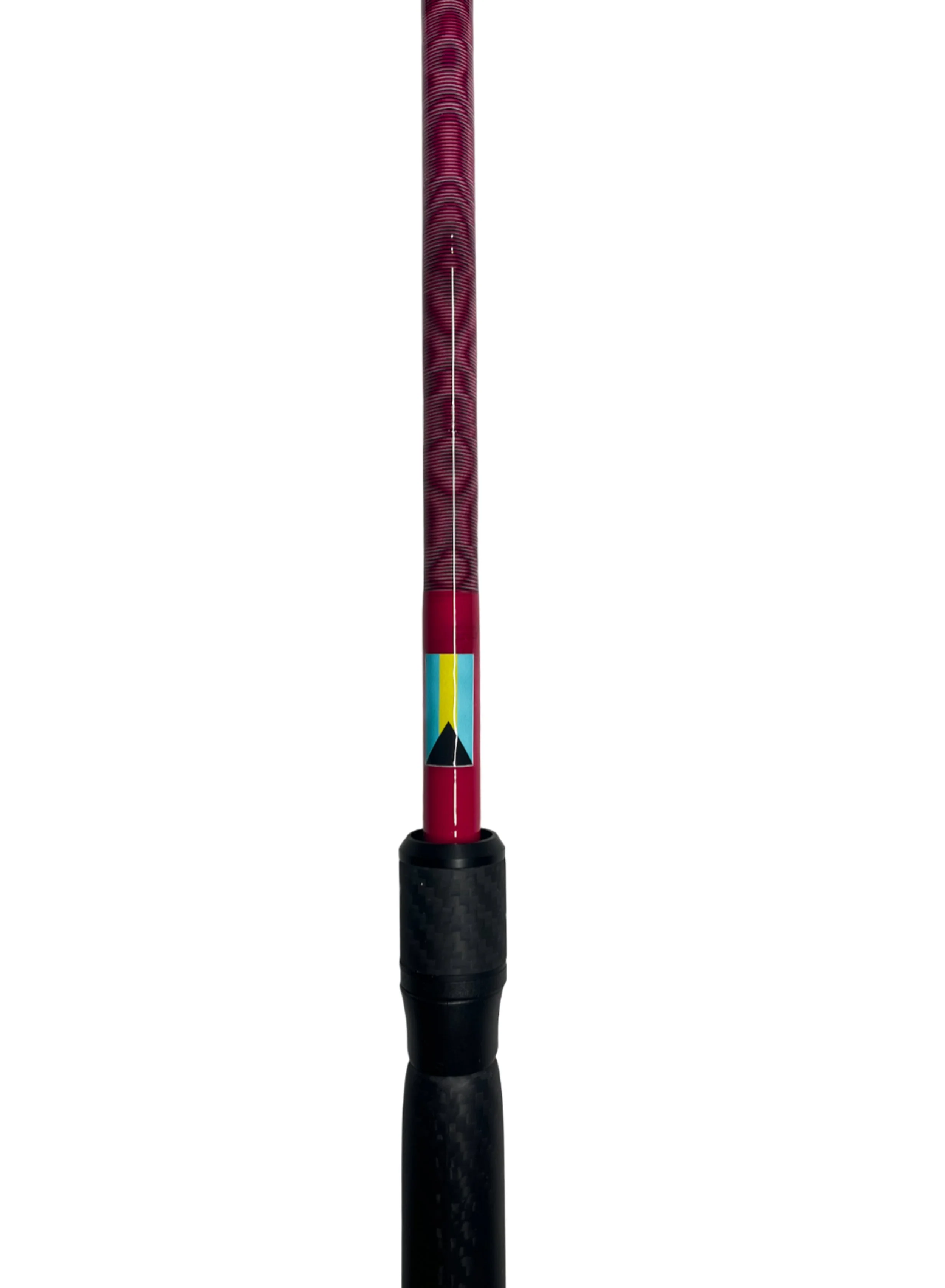 Close-up of a fishing rod with a colorful sticker near the handle against a white background.