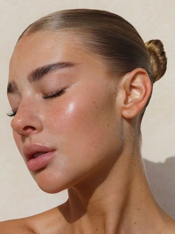 Close-up of a young woman's face with her eyes closed, showing clear, radiant skin and her hair styled in a sleek bun.