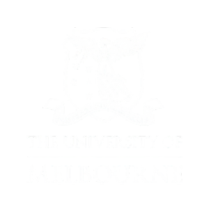 University of Melbourne emblem featuring a shield with a cross, a star, and a book, and the text 'The University of Melbourne' below the shield.