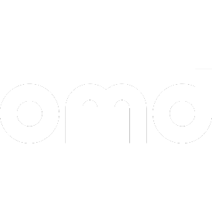 Close-up of a logo with the letters 'omd' in white on a black background.