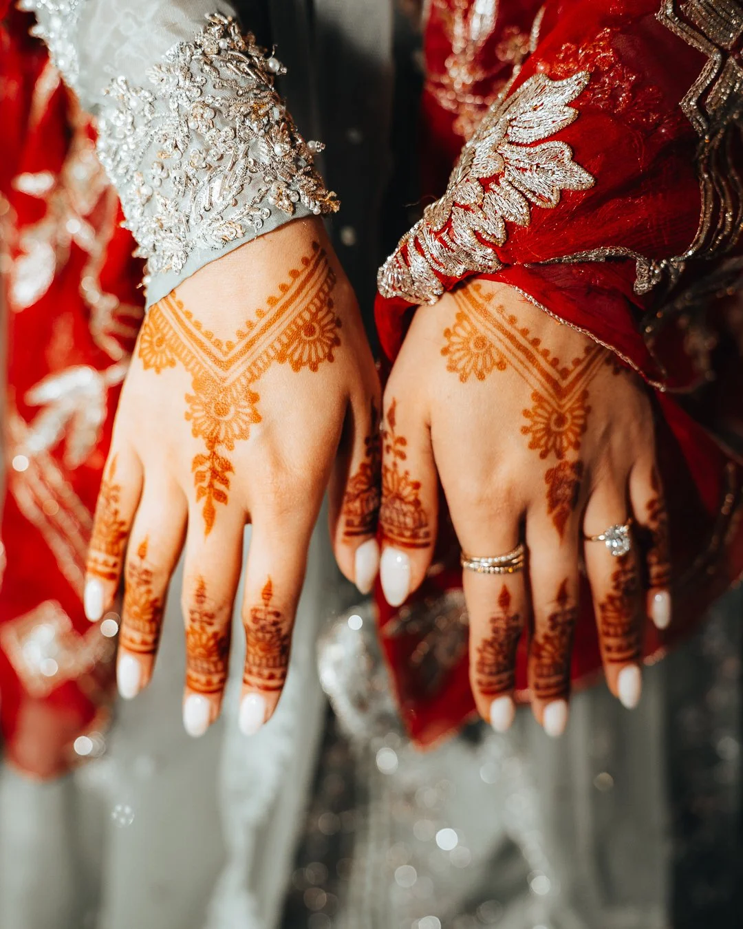 Close-up of hands decorated with intricate henna designs, dressed in traditional embellished clothing, with rings on fingers, soft white nail polish, and blurred background.
