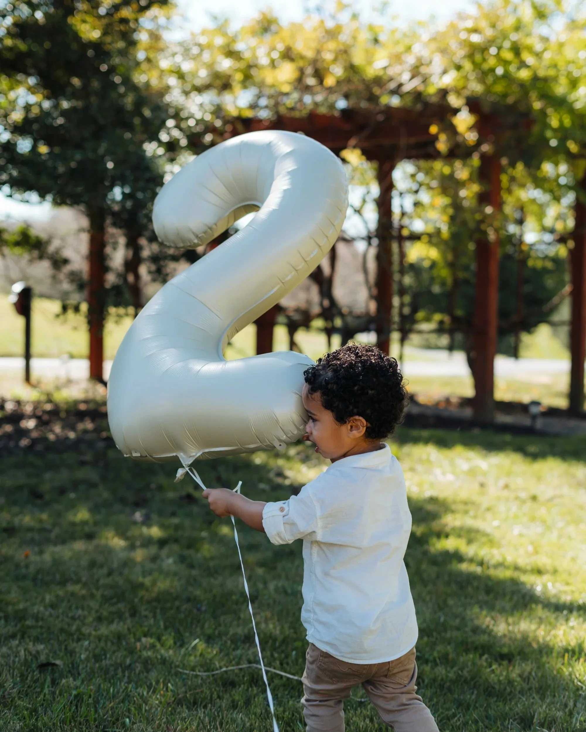 Young boy in white shirt holding a large, metallic number 2 balloon in a park with trees and a wooden structure in the background.