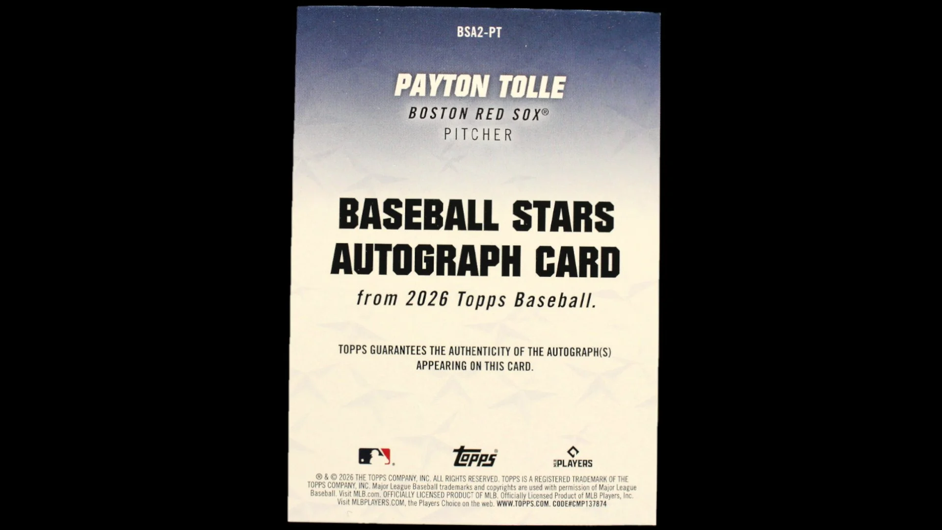 2026 Topps Baseball Payton Tolle Autographed Rookie Card#BSA2-PT