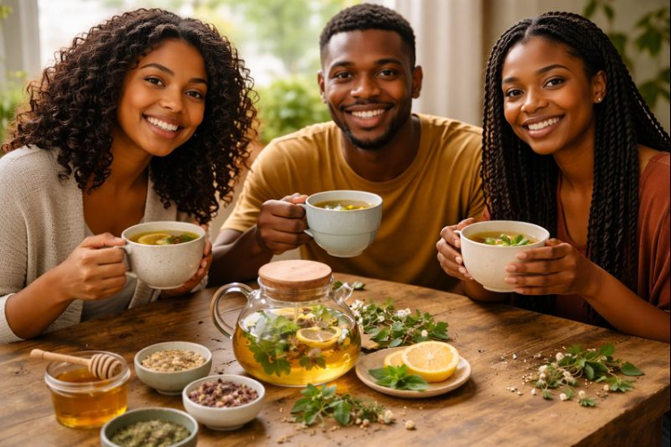 Three people sitting at a wooden table holding cups of tea, smiling, with a teapot, honey, herbs, and lemon slices on the table, enjoying a tea gathering outdoors.