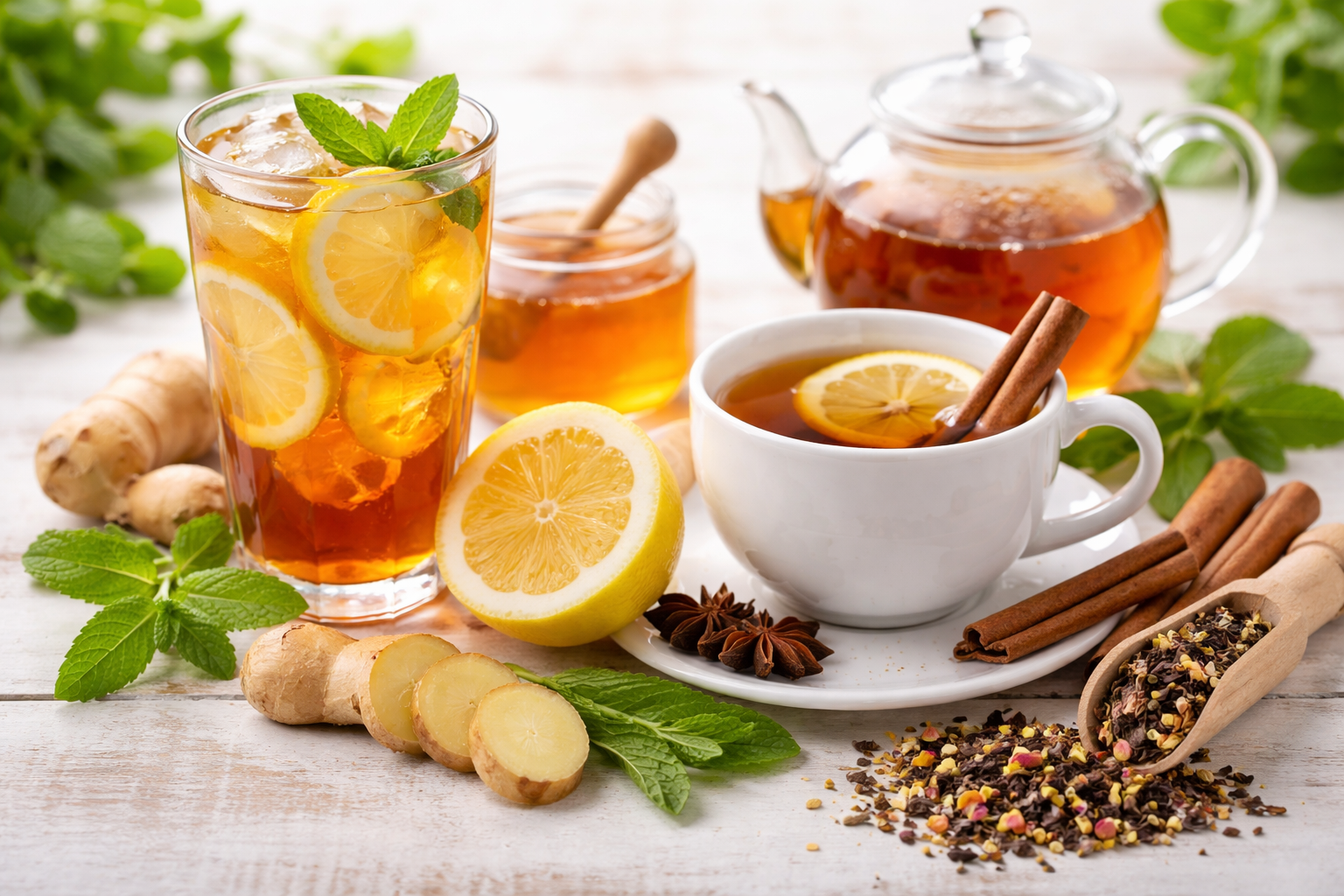 Glass of iced tea with lemon slices and mint, cup of tea with lemon and cinnamon, teapot, jar of honey, ginger root, sliced ginger, star anise, cinnamon sticks, herbal tea blend with dried flowers on a wooden surface.