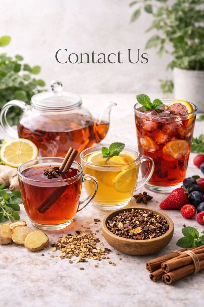 Assorted herbal teas and fruit-infused drinks with spices, lemon, berries, mint, and herbs on a table, with a teapot in the background and the words 'Contact Us'