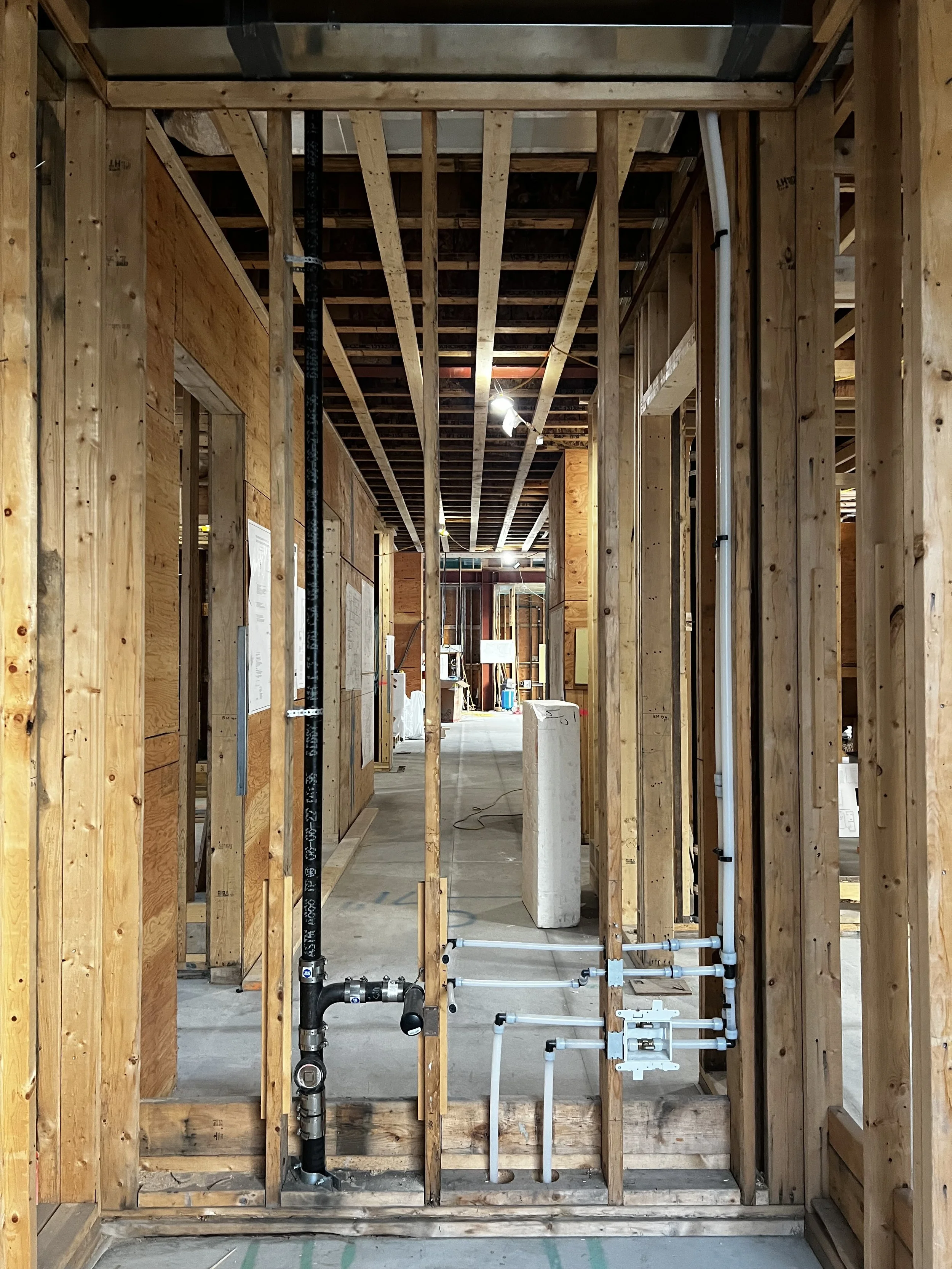 Wood framing of an interior building under construction with visible plumbing pipes and electrical conduits.
