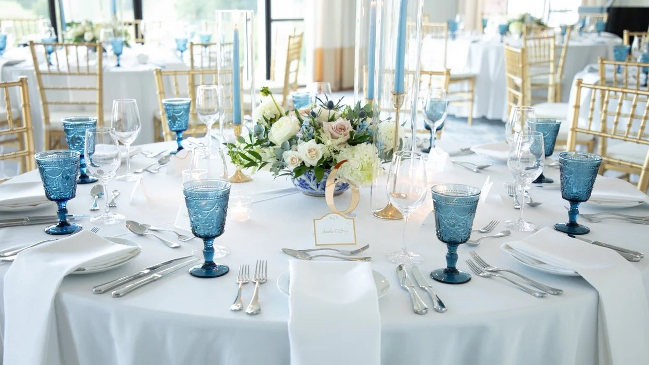 Scenic view of the lush green fields outside the banquet windows during Katherine and Sean's Charlottesville dinner celebration.