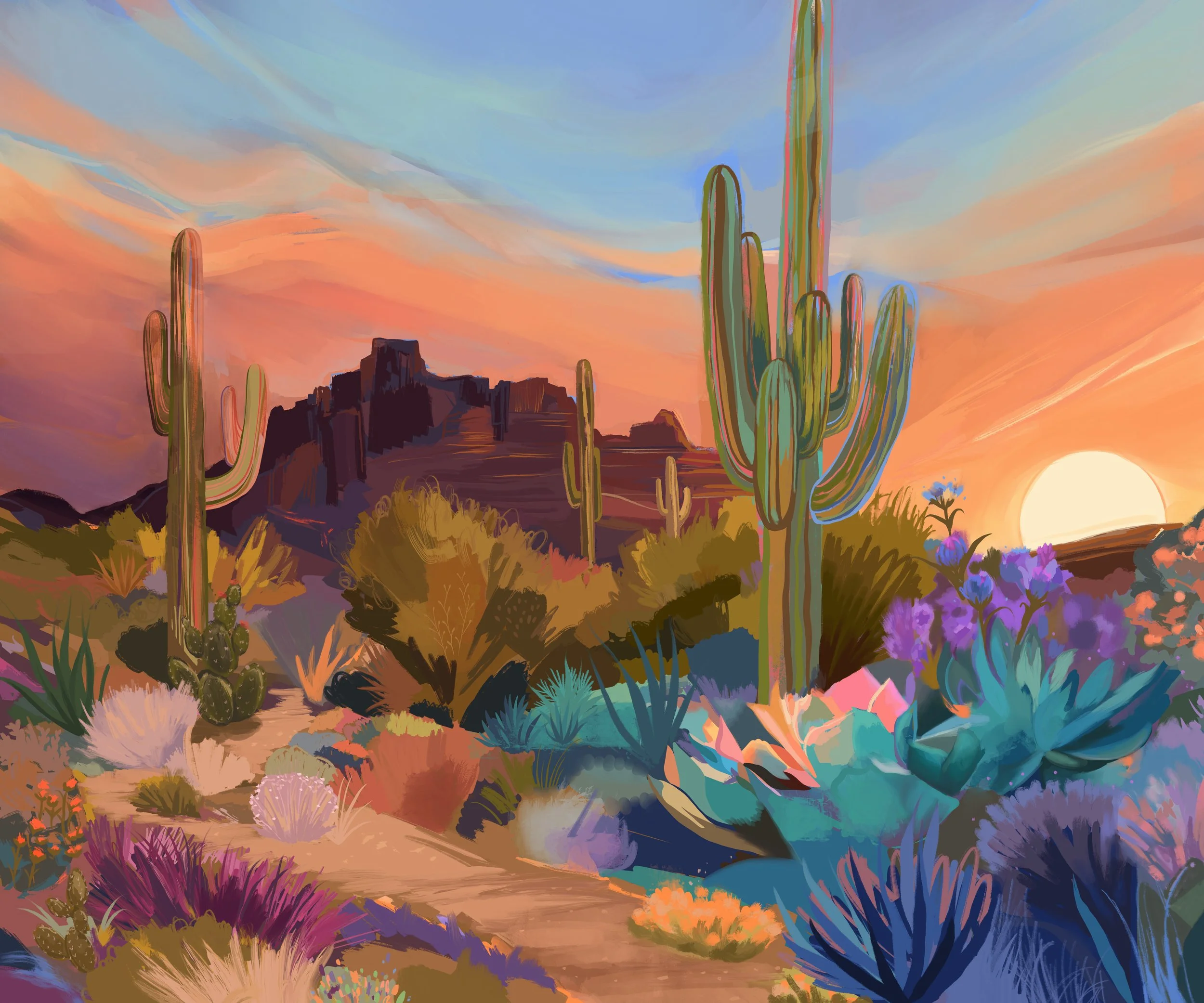 A colorful digital painting of a desert landscape at sunset with cacti, desert plants, and mountains in the background.