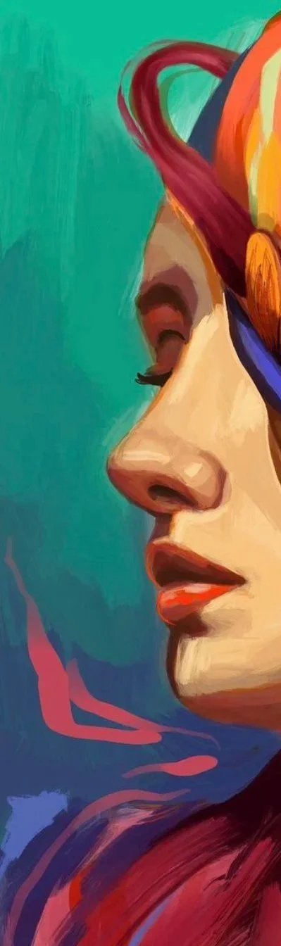A colorful, abstract portrait of a woman with closed eyes, featuring vibrant shades of teal, orange, red, and purple.