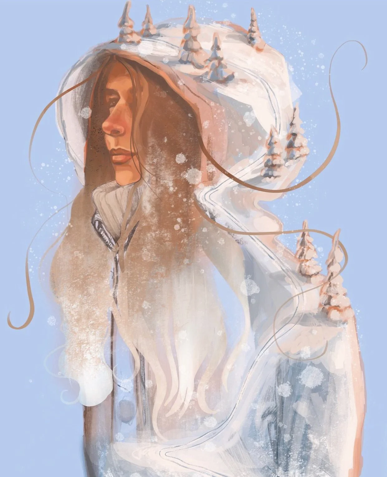 A woman with long hair wearing a snowy hooded jacket with a mountain landscape and pine trees painted on the hood, blending winter scenery with her portrait.