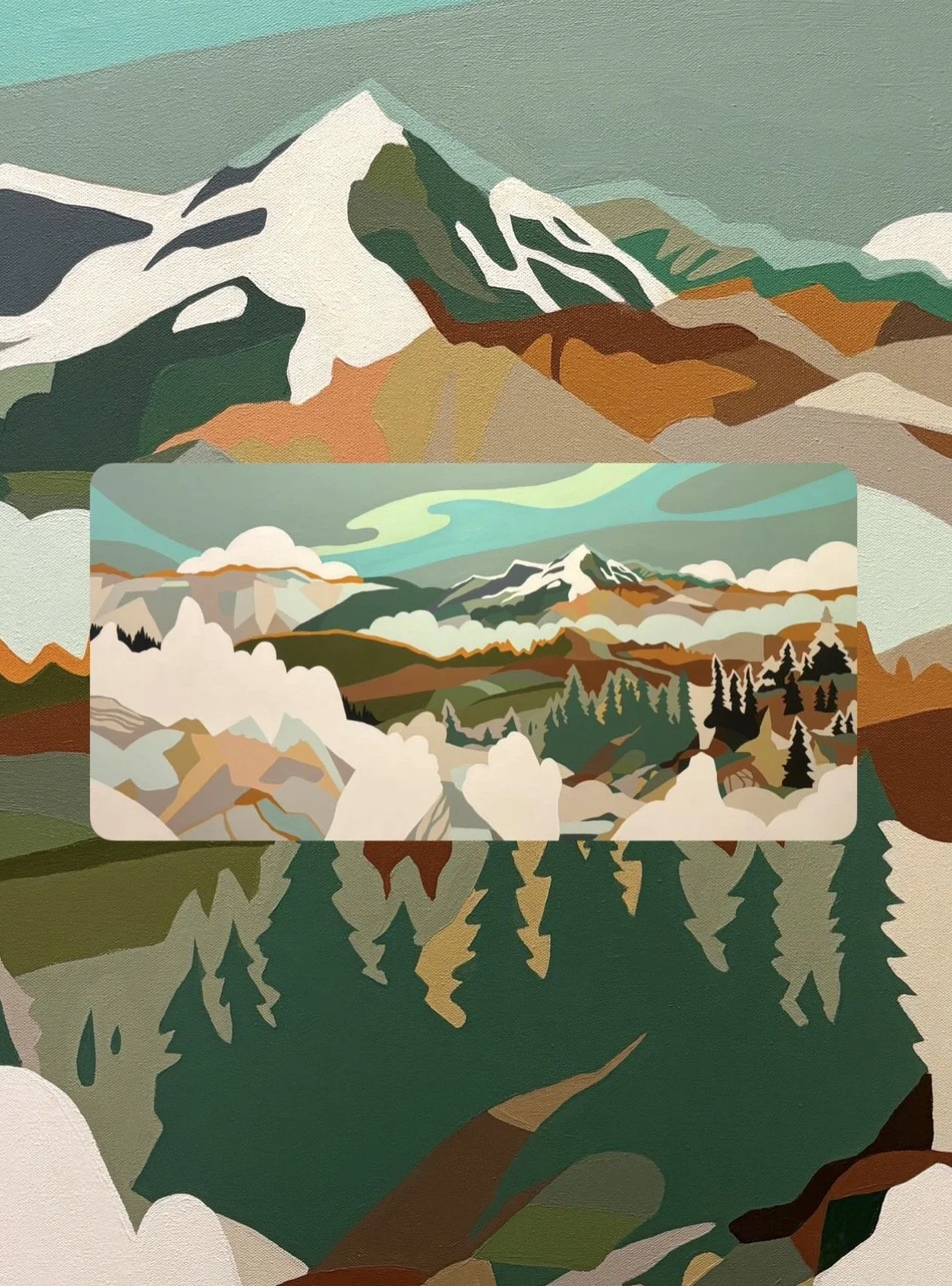 Stylized landscape painting of snow-capped mountains, rolling hills, and pine trees. Big White Ski Resort, Kelowna bc.