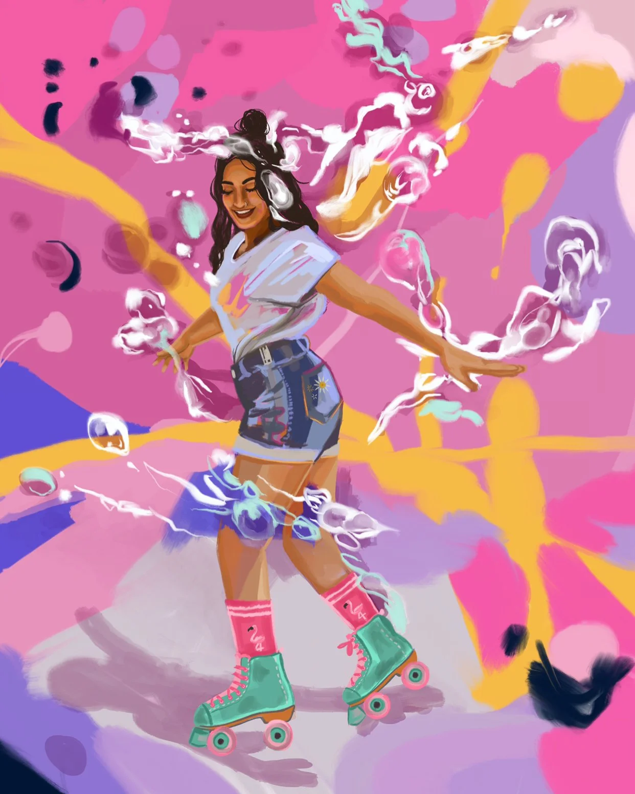 A young woman roller skating on a colorful abstract background with vibrant pinks, purples, and yellows, wearing teal roller skates, pink socks, denim shorts, and a white top, smiling happily with her arms outstretched.