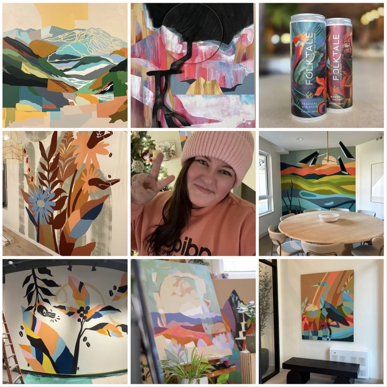 Collage of nine images: colorful abstract landscape paintings, a woman smiling and making a peace sign with a pink beanie, cans of Folktale beverage, floral-themed artwork, a vibrant landscape mural in a dining room, a floral mural with birds, an art piece on an easel with mountains and sky, and a painted bird on a wall.
