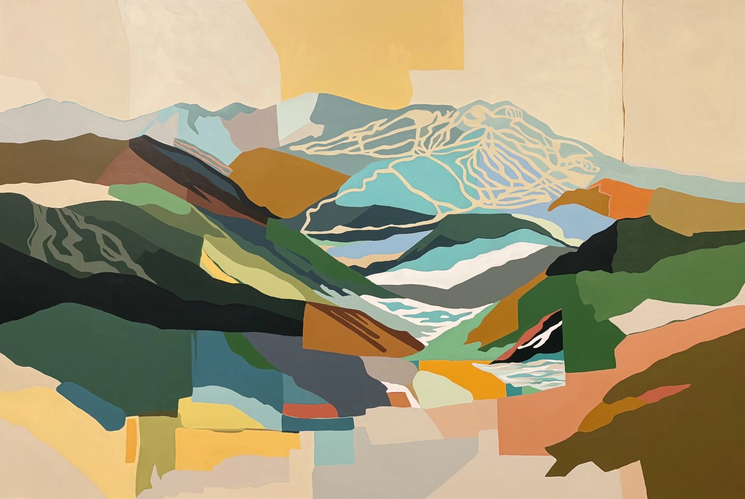 Abstract landscape painting depicting mountains, hills, and water using bold, colorful, geometric shapes. Big White Ski Resort, Canada, Kelowna BC, Liz Grace Studio, Liz Dumontet.