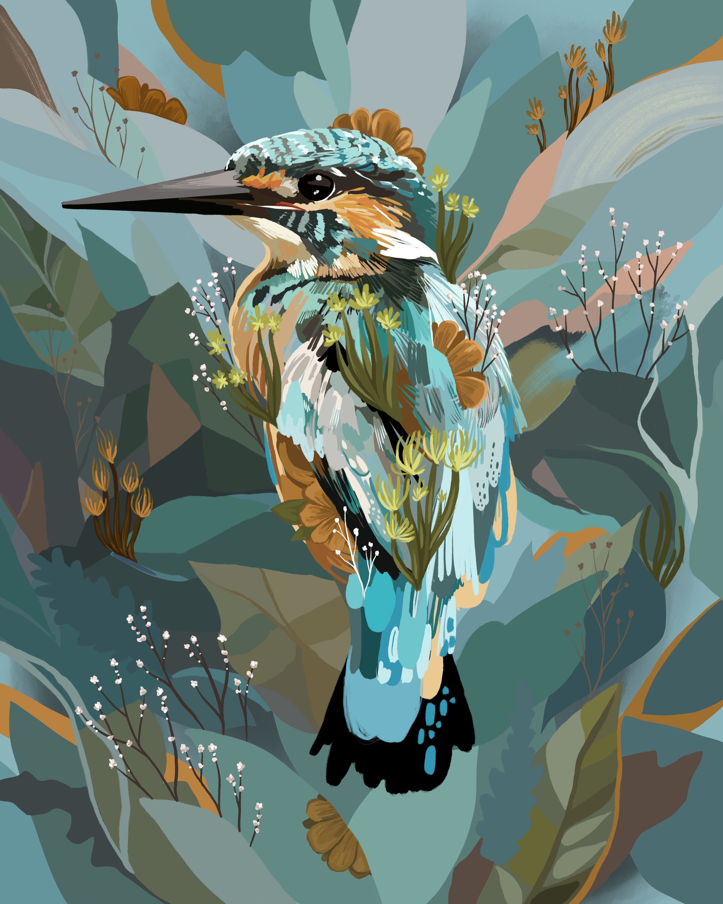 Stylized illustration of a kingfisher bird with vibrant blue, orange, and black feathers, surrounded by various large leaves, flowers, and small plants in a botanical background.