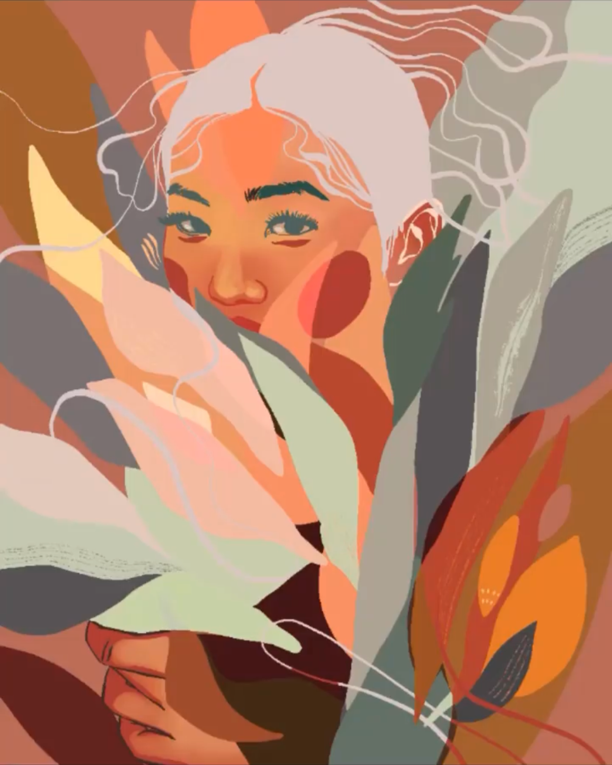 An abstract digital illustration of a woman with silver hair surrounded by colorful leaves and plant elements.