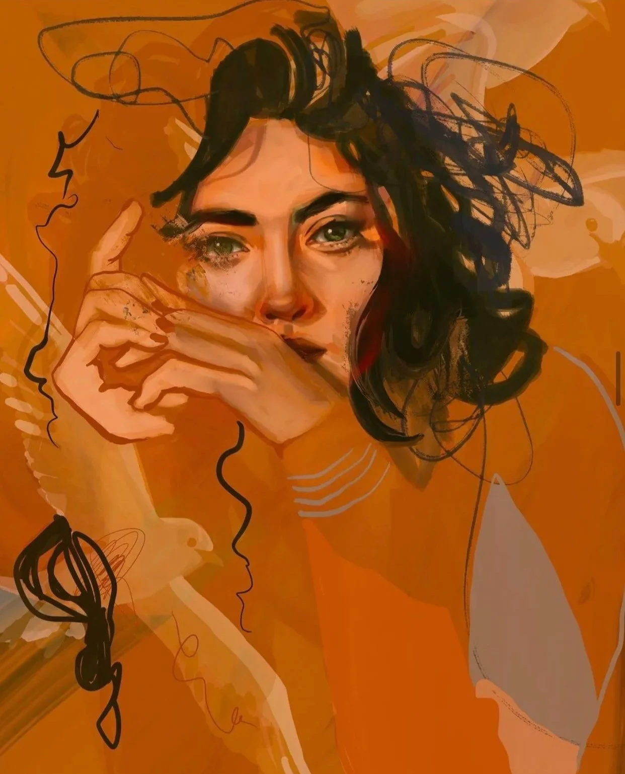 Artistic digital portrait of a woman with dark curly hair, green eyes, and a contemplative expression, set against an orange background with abstract lines and sketches.