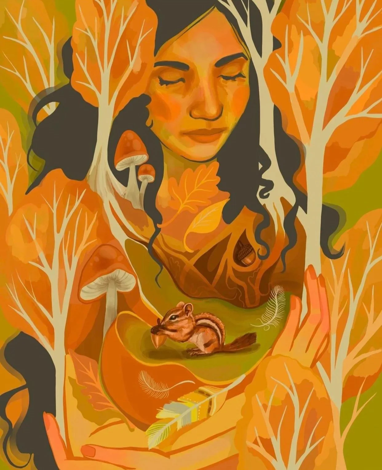 An artistic illustration of a woman with closed eyes, surrounded by fall-colored leaves, mushrooms, and a squirrel, blending natural elements with her face and body.