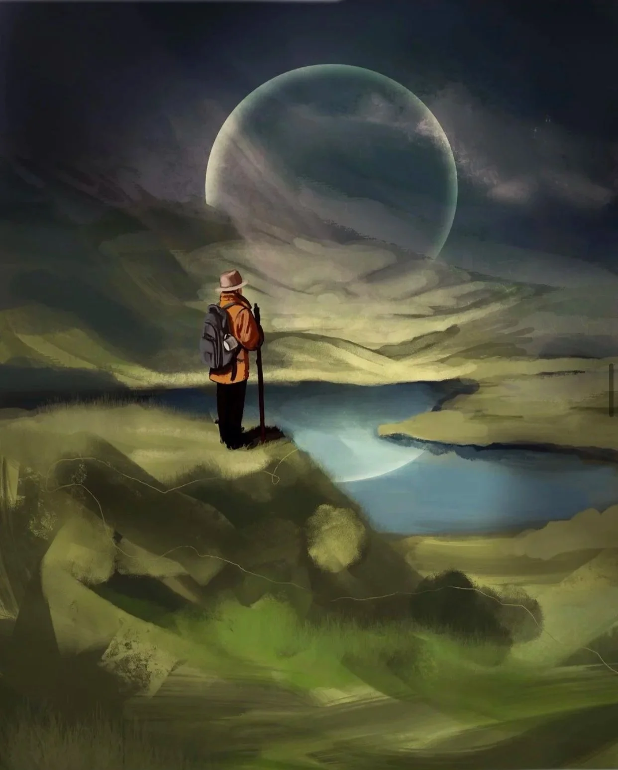 A person with a backpack and walking stick standing on a grassy hill, gazing at a large planet in the sky amid dark clouds, with a body of water and rolling hills in the background.