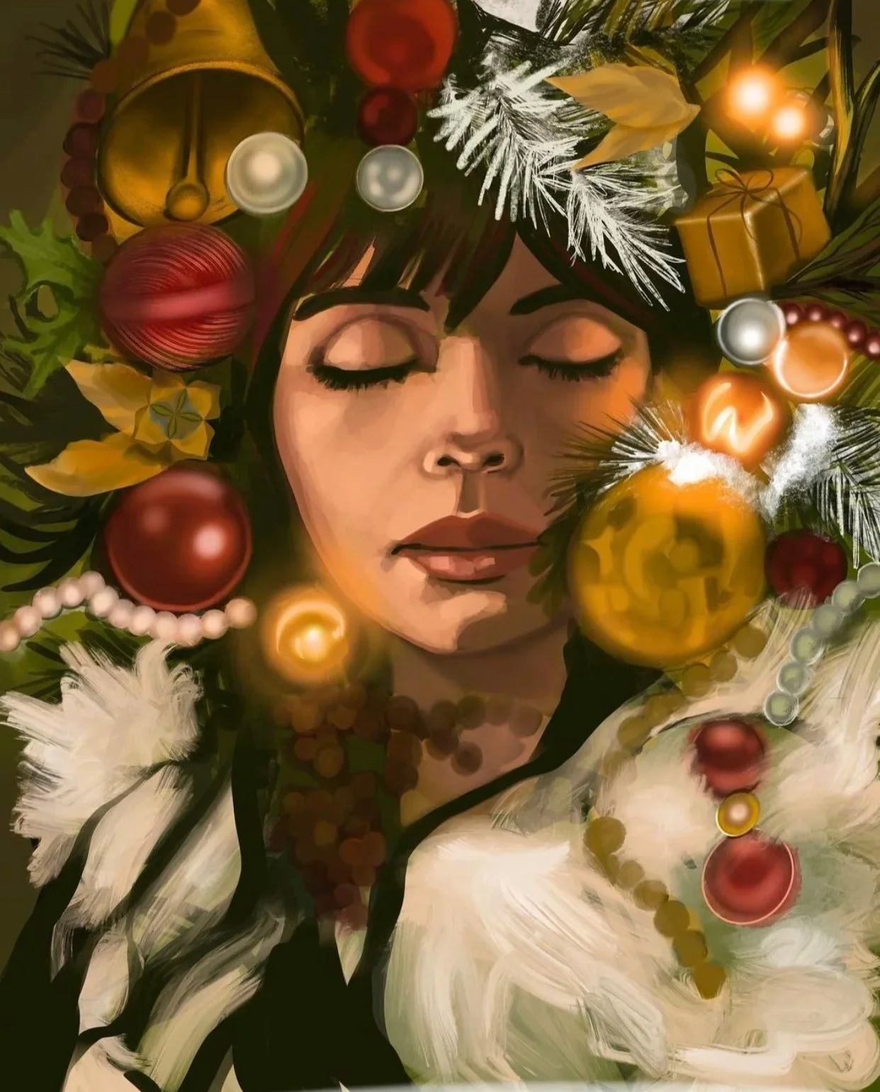 A digital painting of a woman with eyes closed, surrounded by Christmas ornaments, pine branches, and holiday decorations.