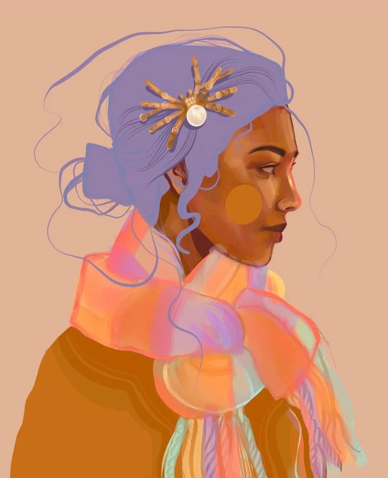 Digital illustration of a woman with dark skin and purple hair, adorned with a decorative gold and pearl headpiece, wearing a colorful scarf around her neck.