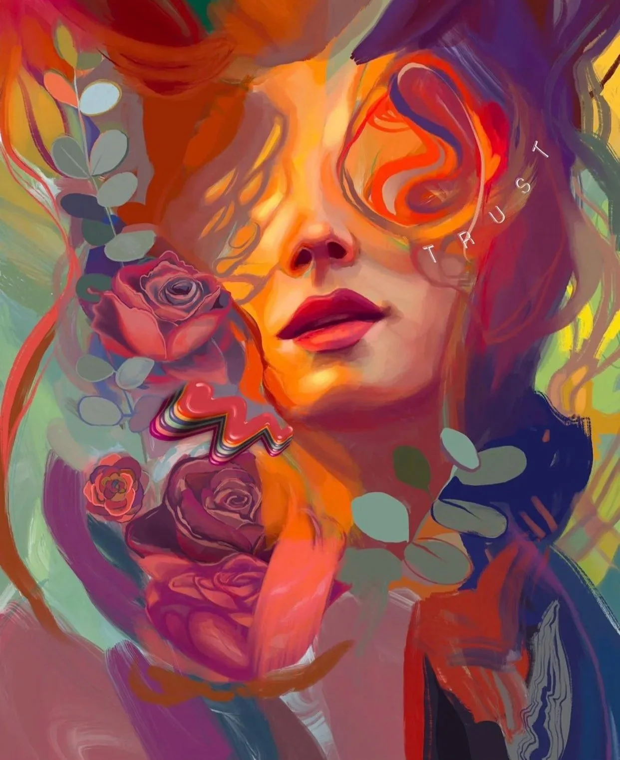 Abstract digital artwork of a woman with colorful swirling elements, roses, and the word 'TRUST' over her face.